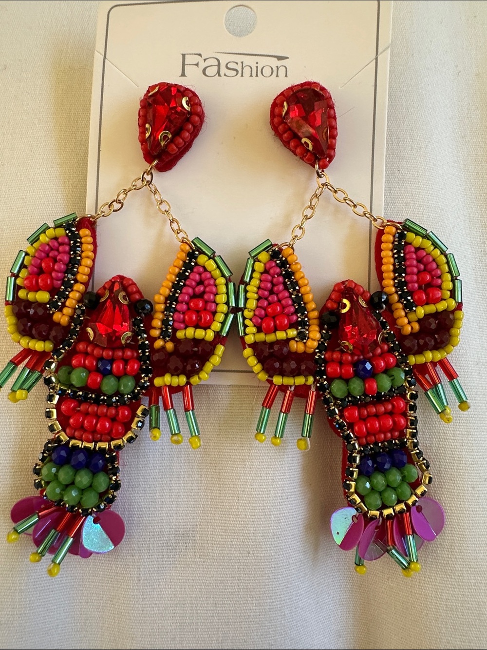 Red Beaded Lobster Multicolor Statement Earrings